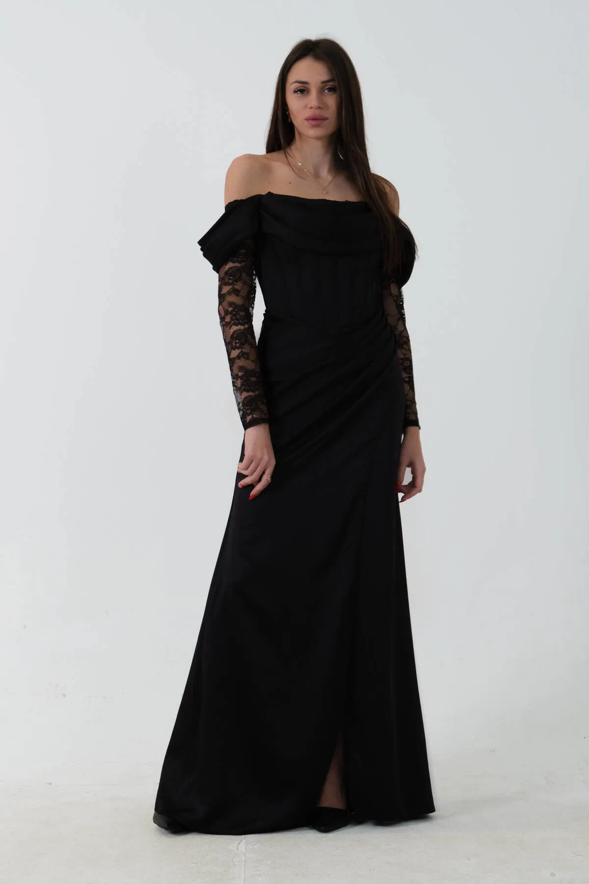 Siyah Düşük Omuz Dantel Kolu Korsajlı Abiye 9705830.01 - Ardanewline (1)