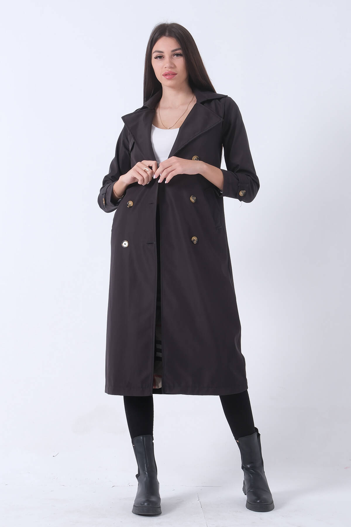 Siyah Ekose Astarlı Düğmeli ve Kemerli Trençkot 0204049.01 - Ardanewline