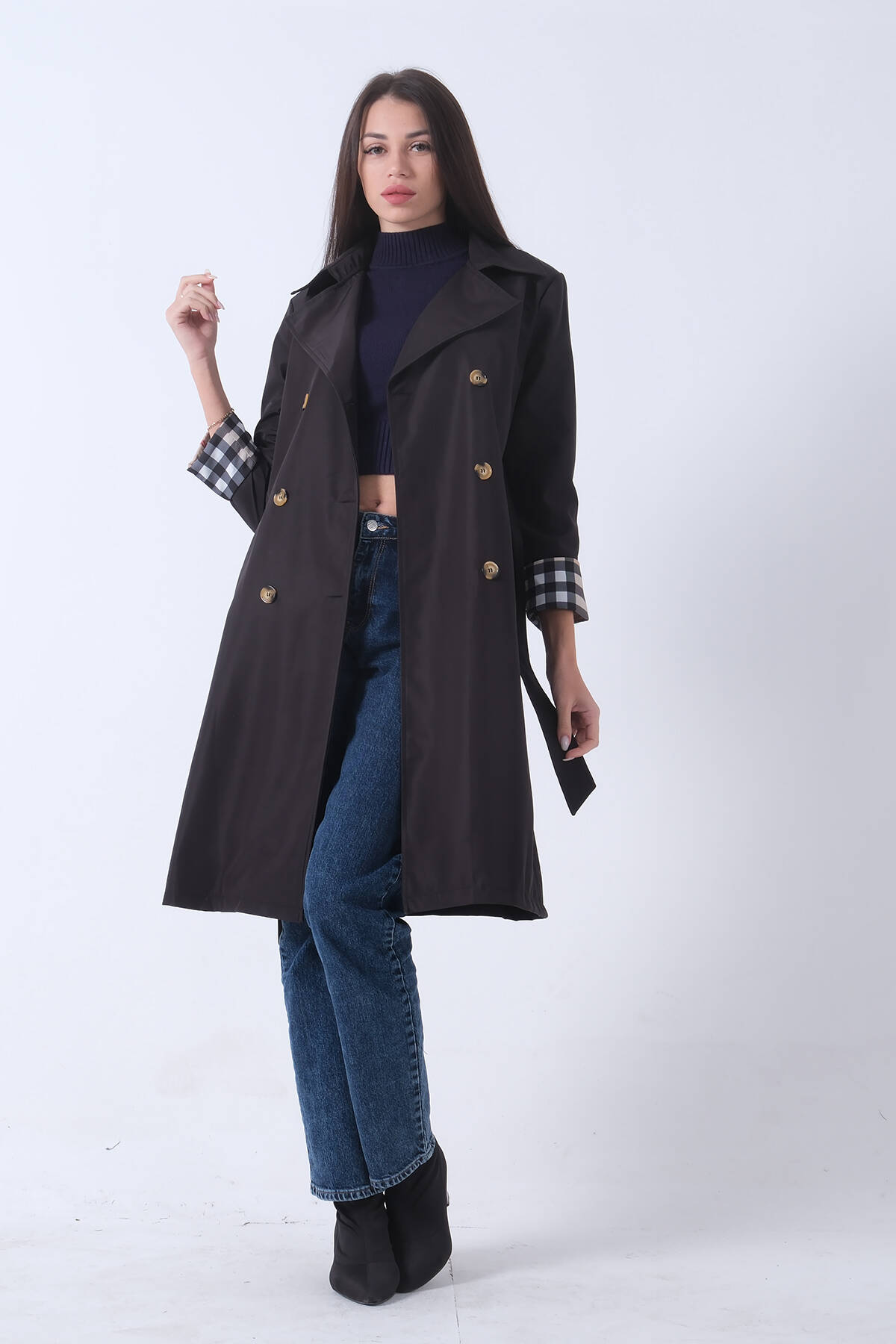 Siyah Ekose Detaylı Düğme ve Kuşaklı Trençkot 0202027.01 - Ardanewline