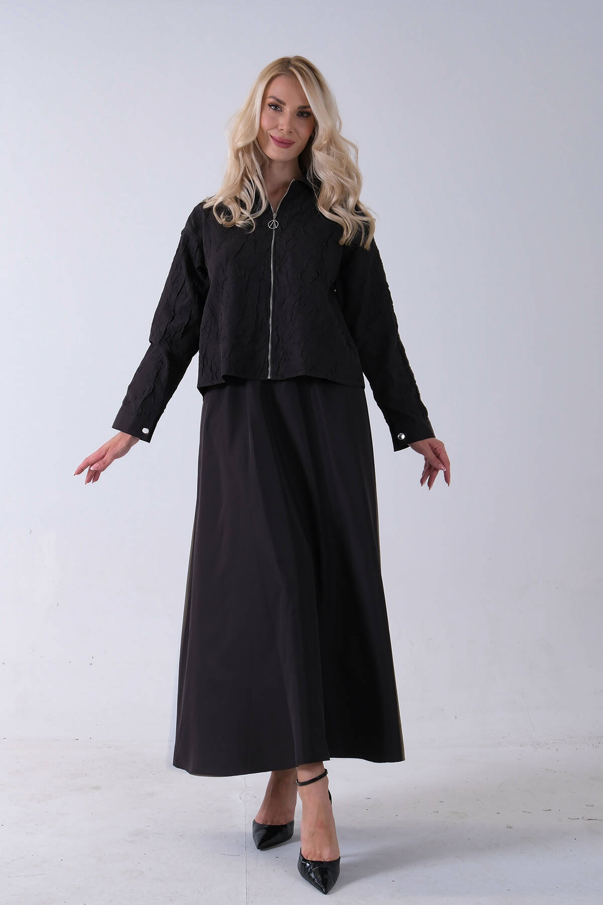 Siyah Fermuar Kapamalı Ceket Üzeri Desenli Etekli Takım 4577259.01 - Ardanewline (1)