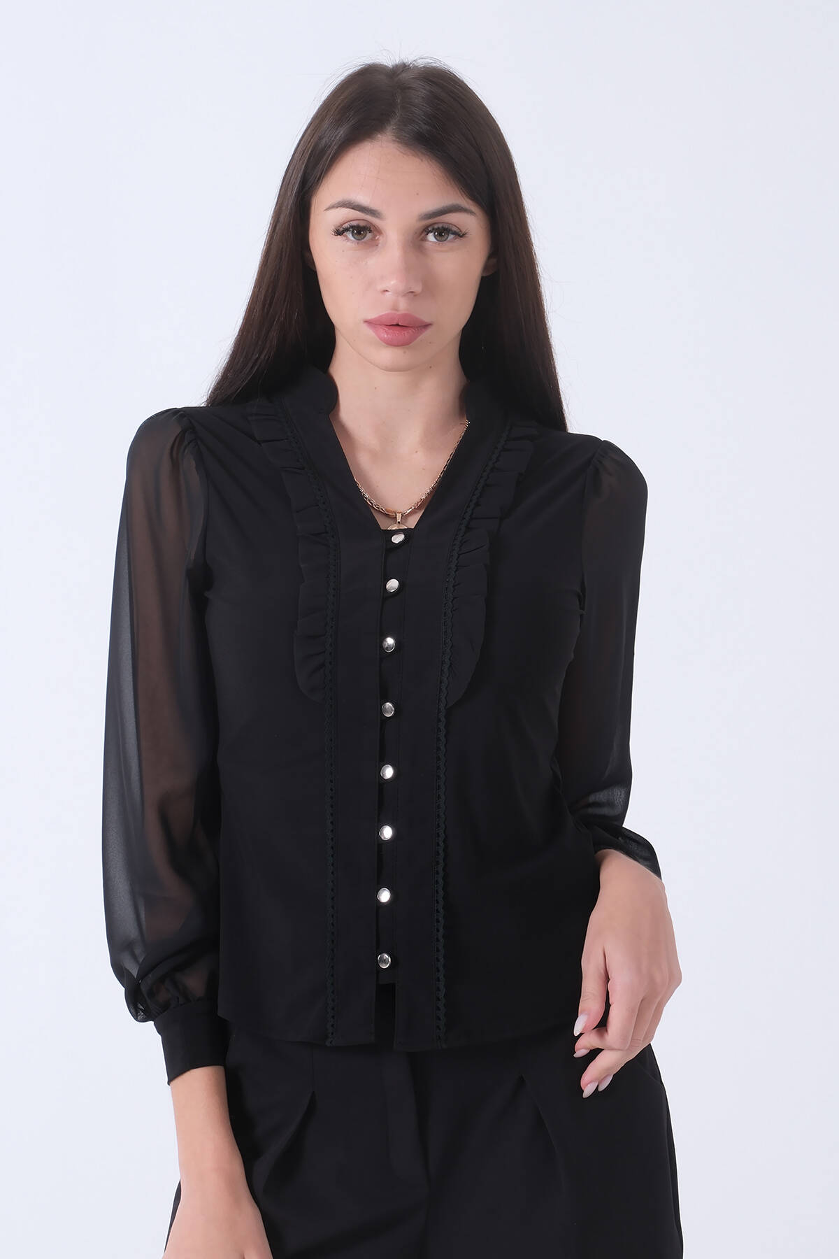 Siyah Fırfır Aksesuarlı Düğmeli Gömlek 4202760.01 - Ardanewline (1)