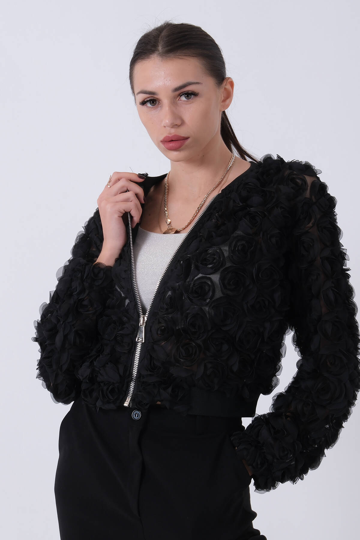 Siyah Gül Desen Bamber Mont 3971015.01 - Ardanewline