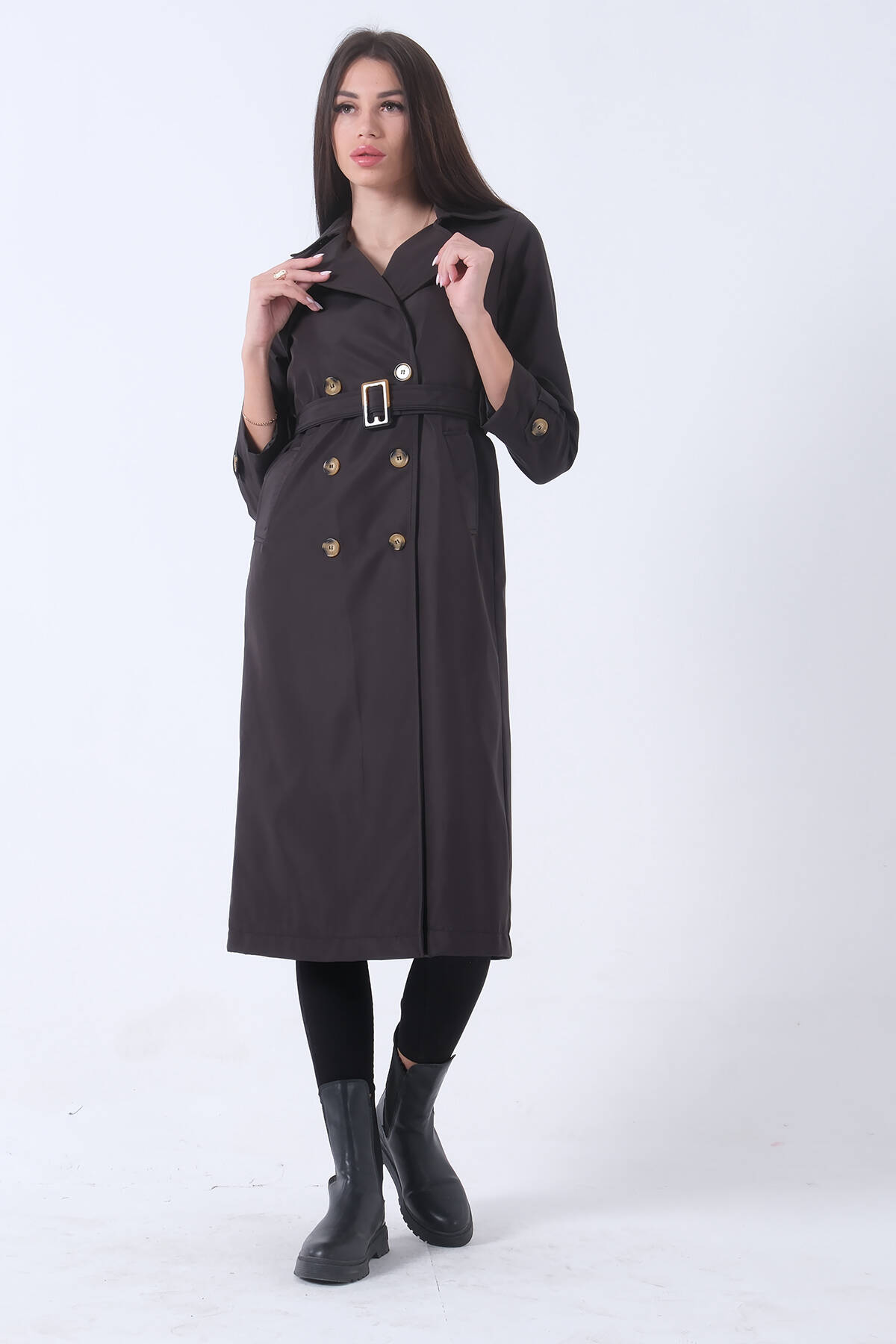 Siyah İçi Astarlı Düğmeli ve Kemerli Trençkot 02040491.01 - Ardanewline (1)