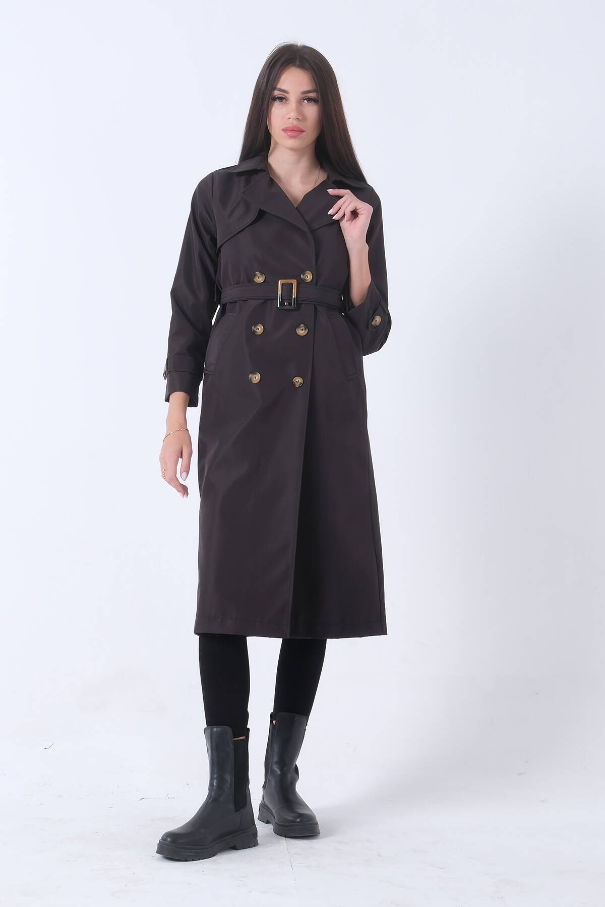 Siyah İçi Astarlı Düğmeli ve Kemerli Trençkot 02040491.01 - Ardanewline