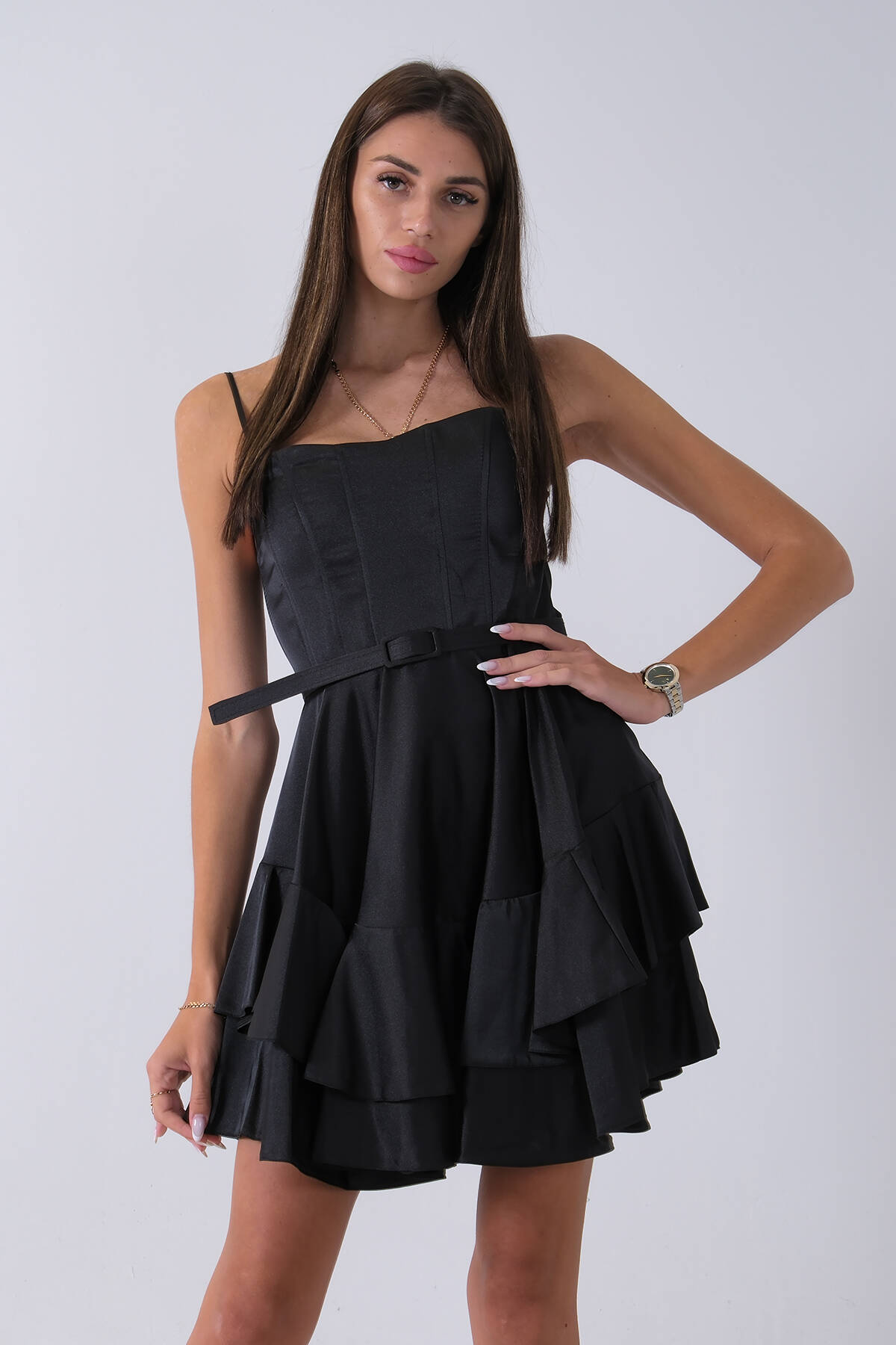 Siyah İp Askılı Bel Kemer Bağlamalı Mini Boy Abiye 0802004.01 - Ardanewline (1)