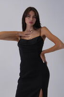 Siyah İp Askılı Yırtmaç Detaylı Midi Boy Abiye 0801078.01 - 7