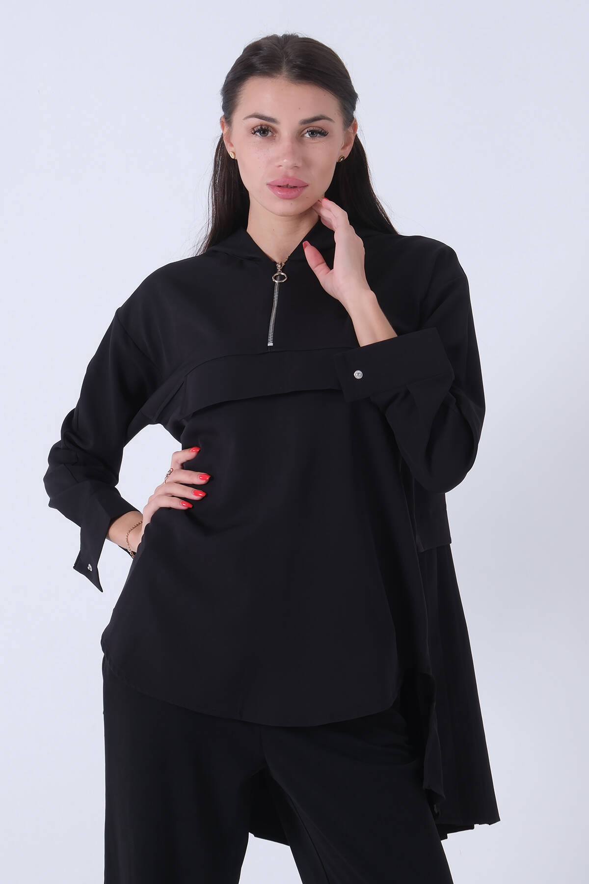 Siyah Kapüşon Fermuarlı Eteği Piliseli Tunik 3972931.01 - Ardanewline