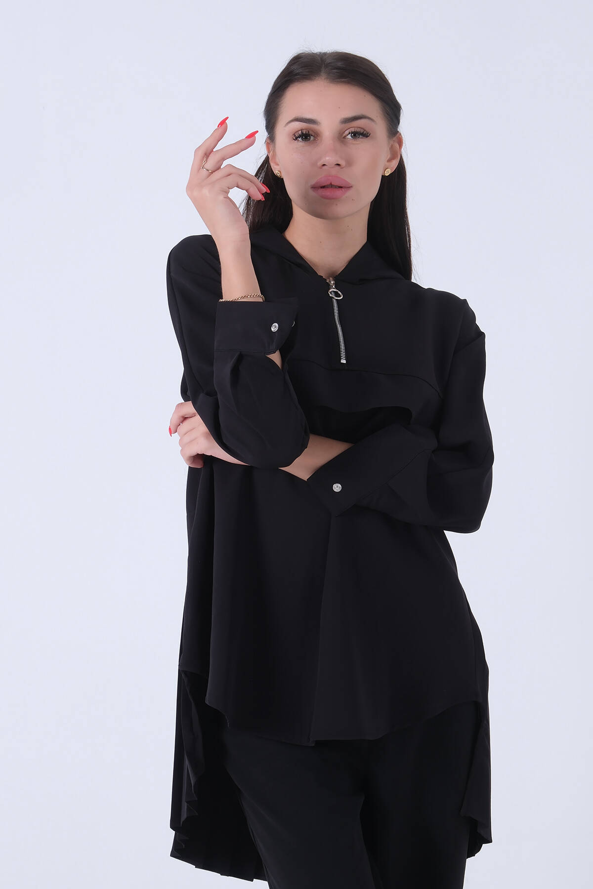 Siyah Kapüşon Fermuarlı Eteği Piliseli Tunik 3972931.01 - Ardanewline (1)