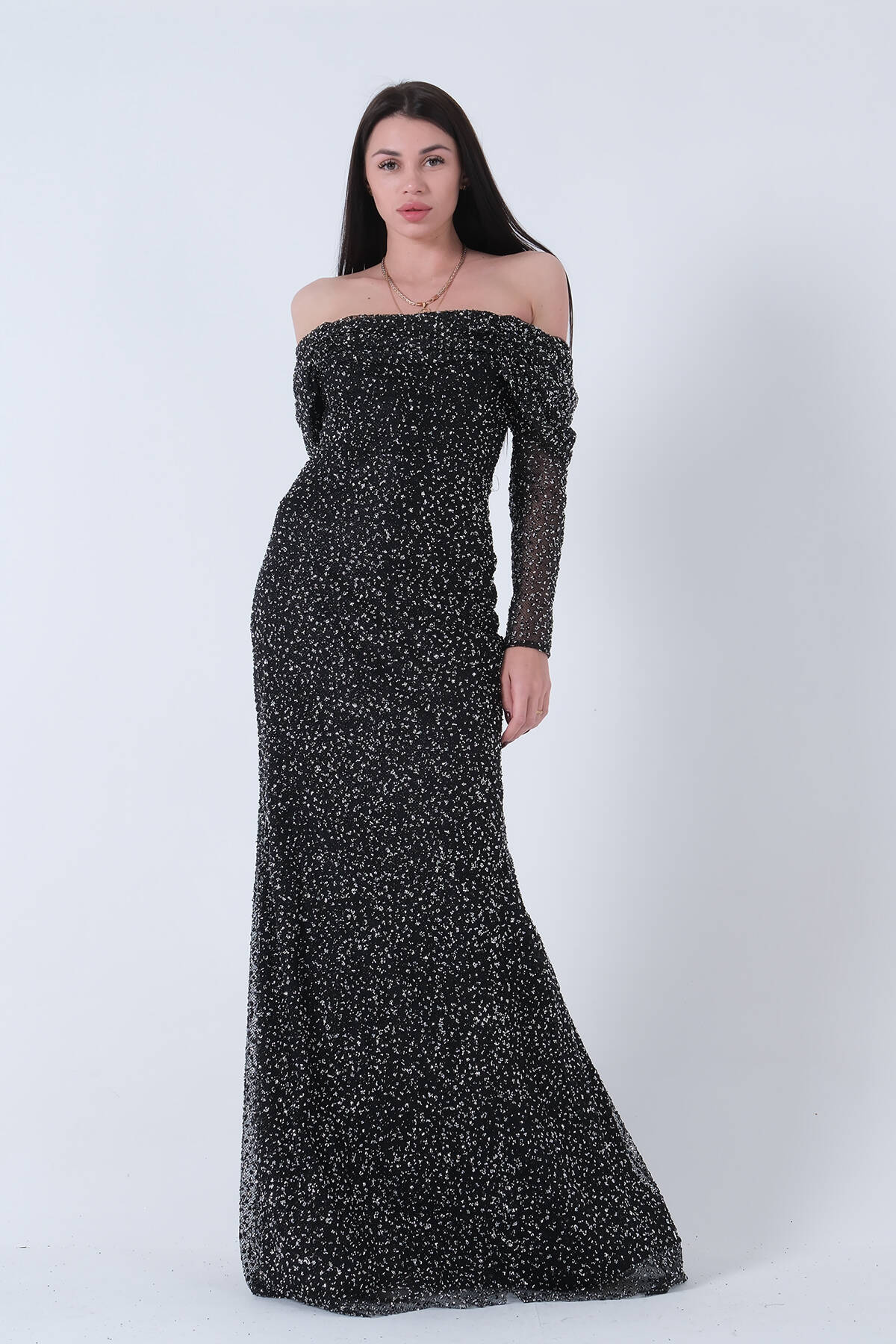 Siyah Kayık Yaka Simli Uzun Kol Abiye 9705266.01 - Ardanewline