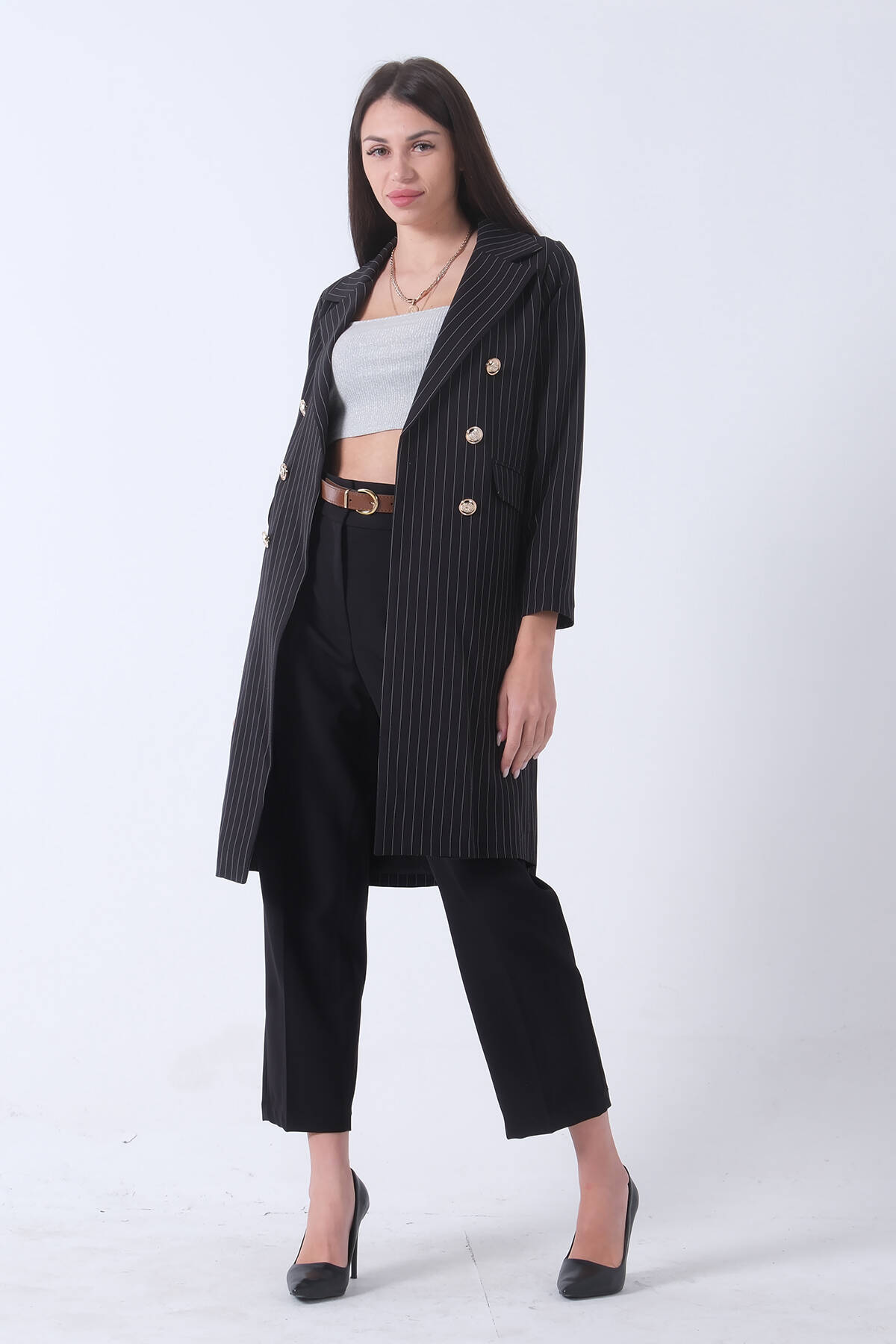 Siyah Klasik Yaka Çizgili Uzun Ceket 08091161.01 - Ardanewline