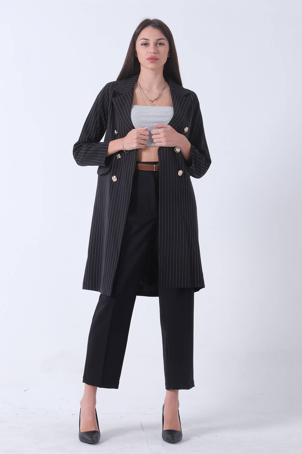 Siyah Klasik Yaka Çizgili Uzun Ceket 08091161.01 - Ardanewline (1)