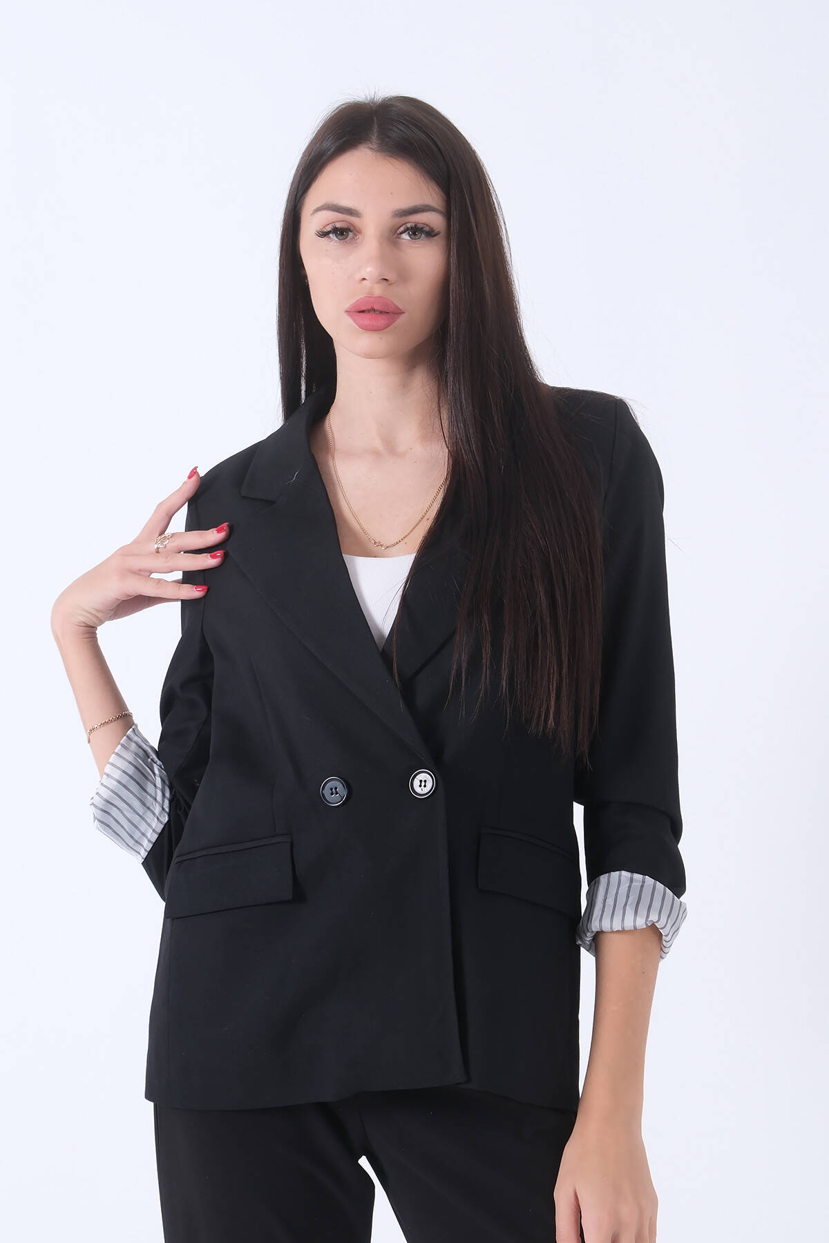 Siyah Kol Katlama Aksesuarlı Çizgili Ceket 41670043.01 - Ardanewline (1)
