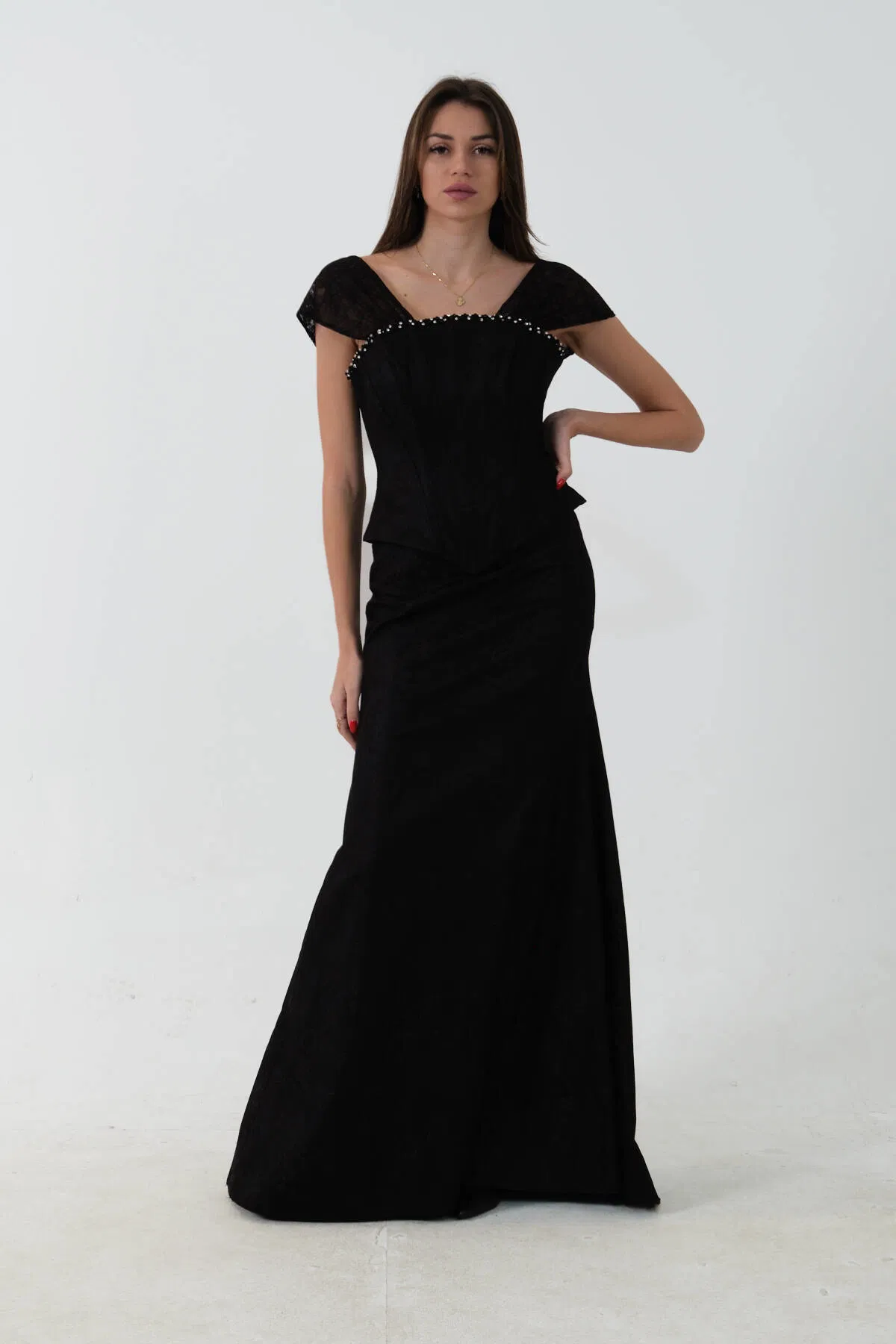 Siyah Korse Detaylı Dantel Kapamalı Düşük Omuz Abiye 9705791.01 - Ardanewline (1)