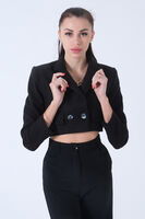 Siyah Kruvaze Yaka Kaşe Crop Astarlı Blazer Ceket 0105125.01 - 2