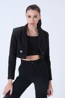 Siyah Kruvaze Yaka Kaşe Crop Astarlı Blazer Ceket 0105125.01 - 6
