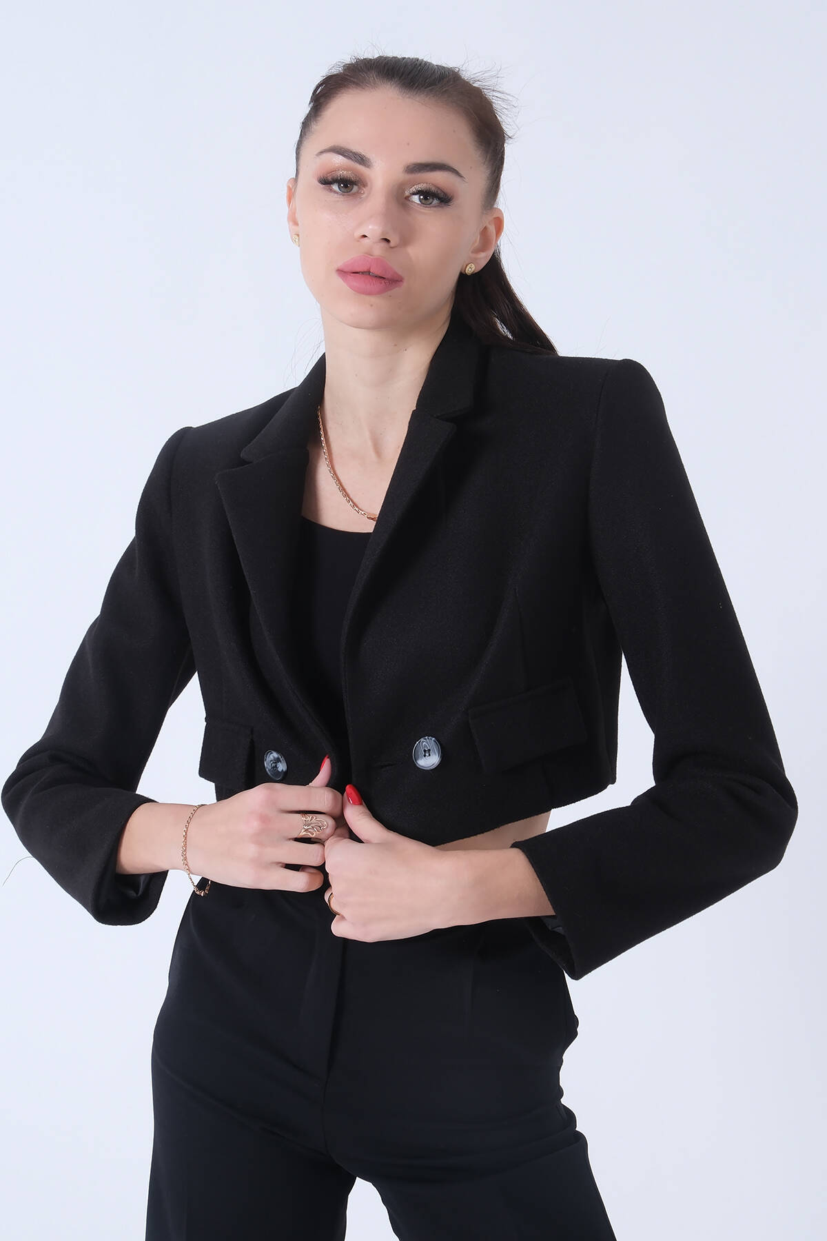 Siyah Kruvaze Yaka Kaşe Crop Astarlı Blazer Ceket 0105125.01 - Ardanewline