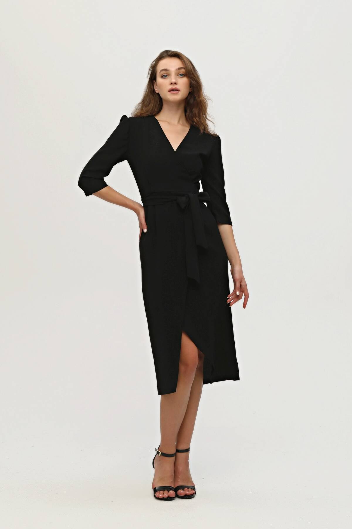 Siyah Kruvaze Yaka Midi Boy Krep Elbise 0104010.01 - Ardanewline (1)