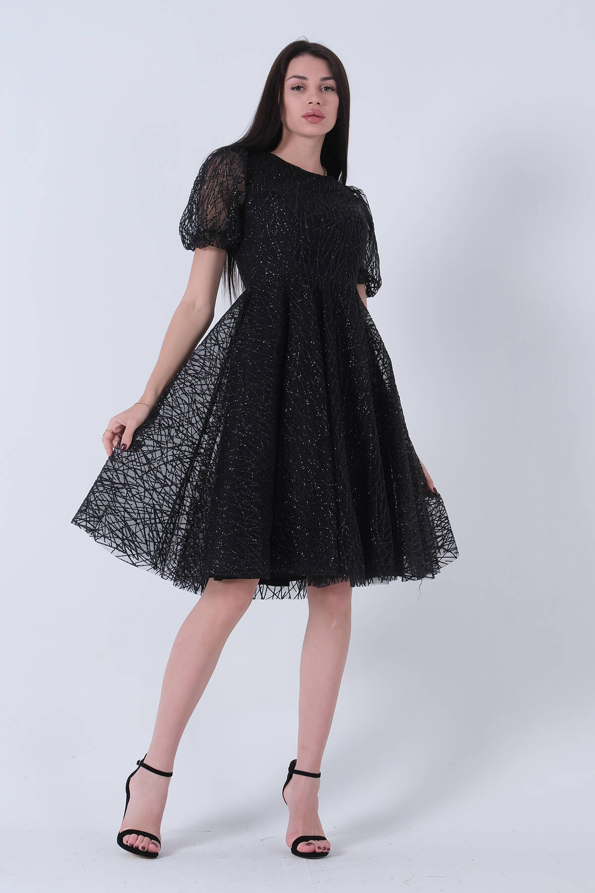 Siyah Midi Boy Kısa Yuvarlak Yaka Simli Tül Abiye Elbise 6502459.01 - Ardanewline (1)