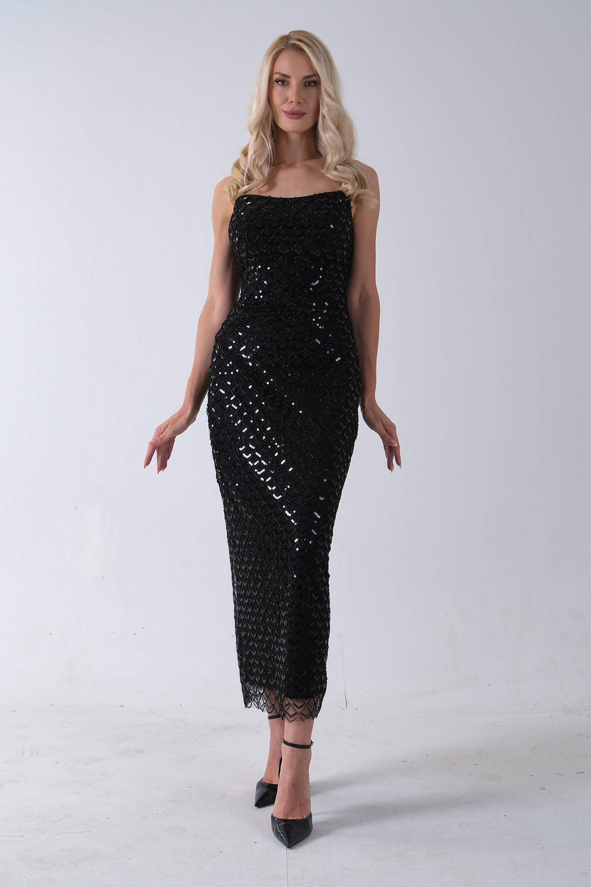 Siyah Midi Boy Straplez Pul Payet Abiye 0801134.01 - Ardanewline