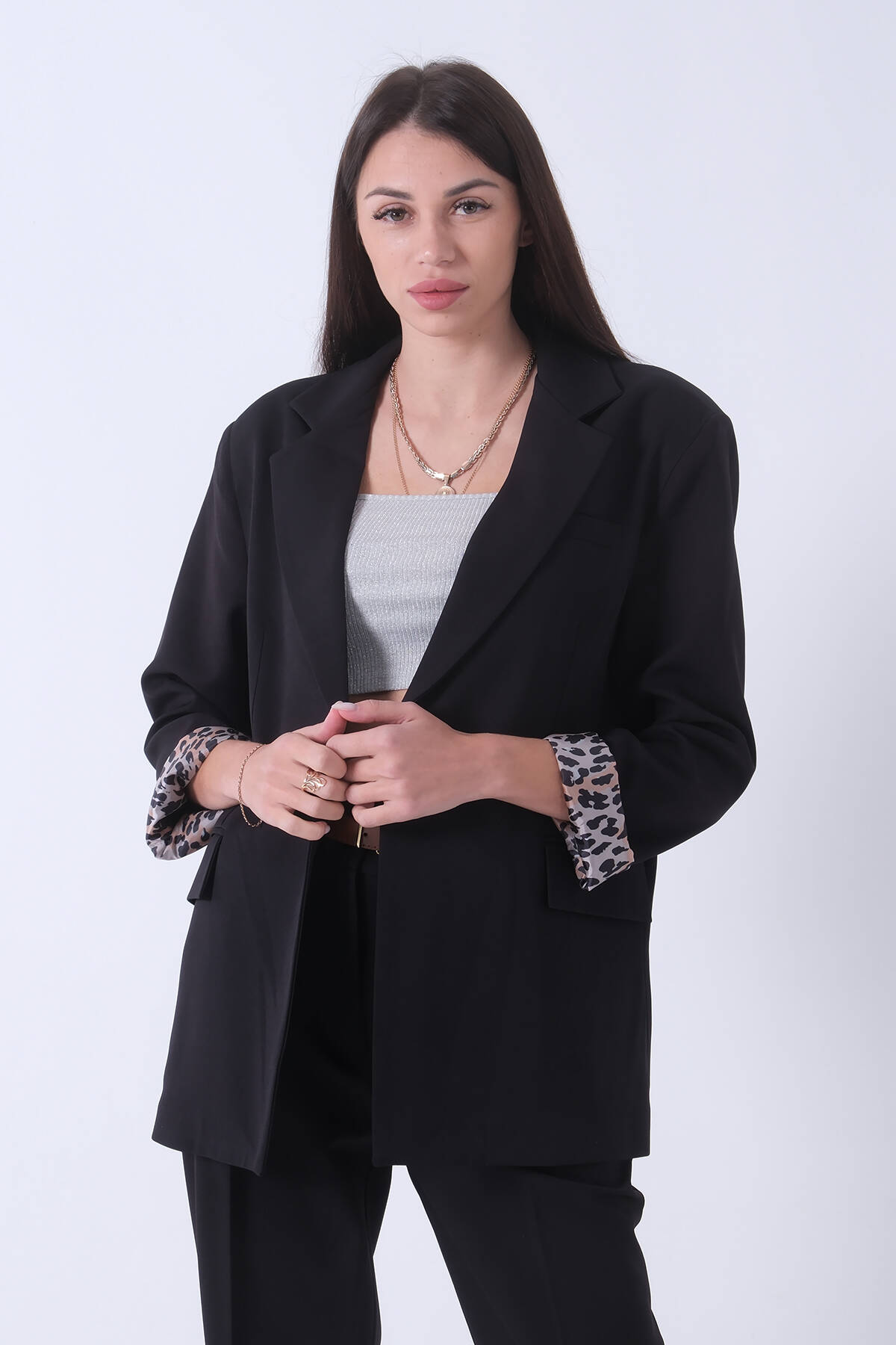 Siyah Mono Yaka Çift Yırtmaçlı Oversize Ceket 3971018.01