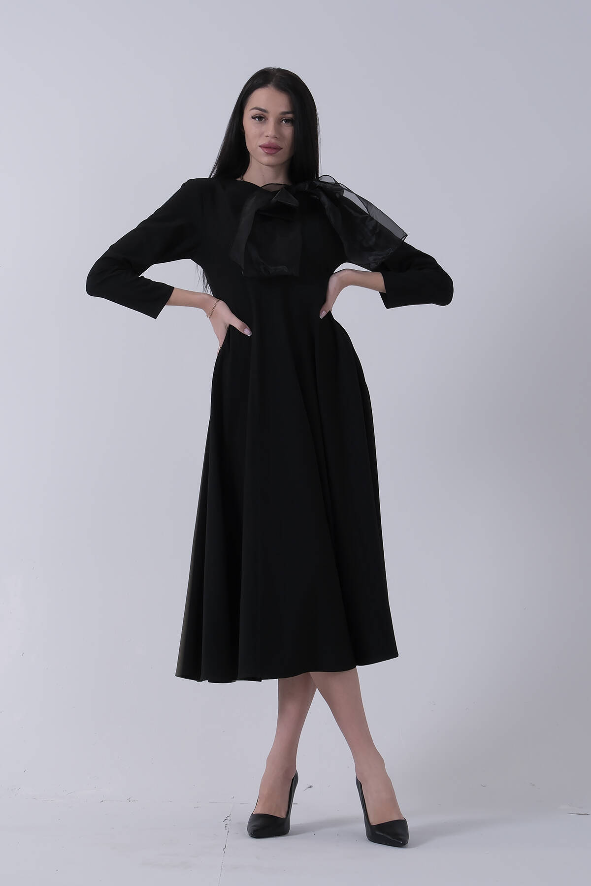 Siyah Omuz Organze Detaylı Kalem Elbise 3975472.01 - Ardanewline (1)