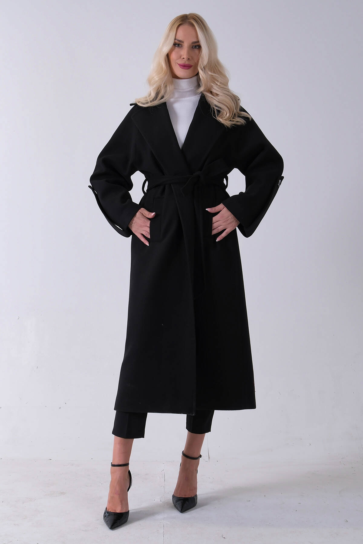 Siyah Önden Düğmeli Oversize Örme Kaşe Kaban 0108081.01 - Ardanewline