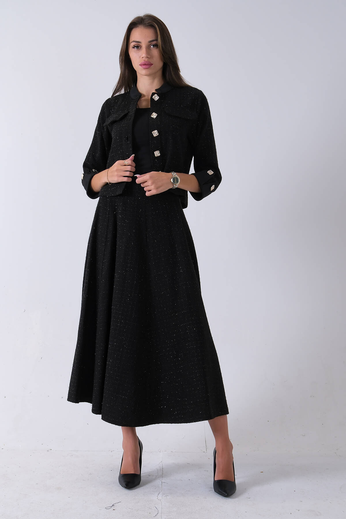 Siyah Önü Düğme Kapamalı Crop Ceket Etekli Tüvid Takım 45950601.01 - Ardanewline