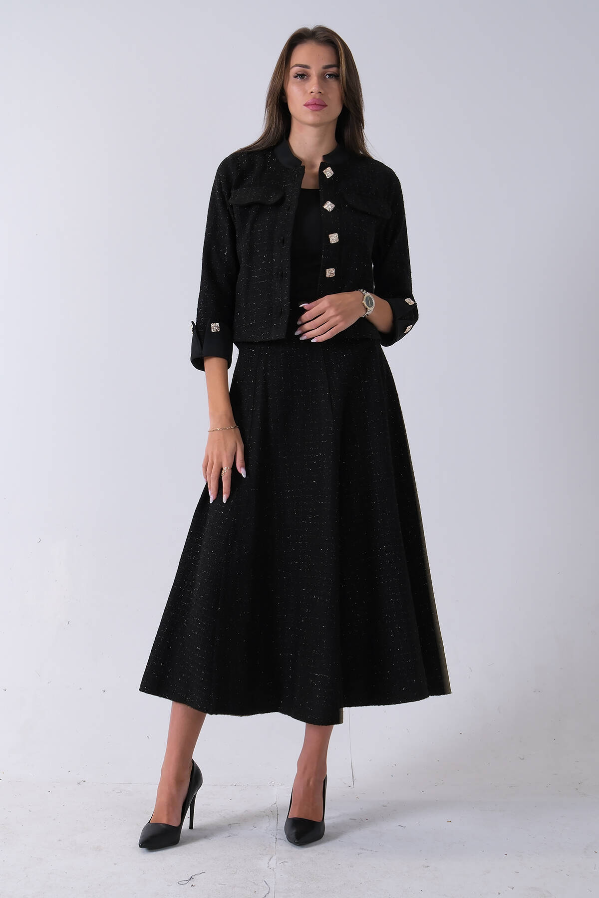 Siyah Önü Düğme Kapamalı Crop Ceket Etekli Tüvid Takım 45950601.01 - Ardanewline (1)