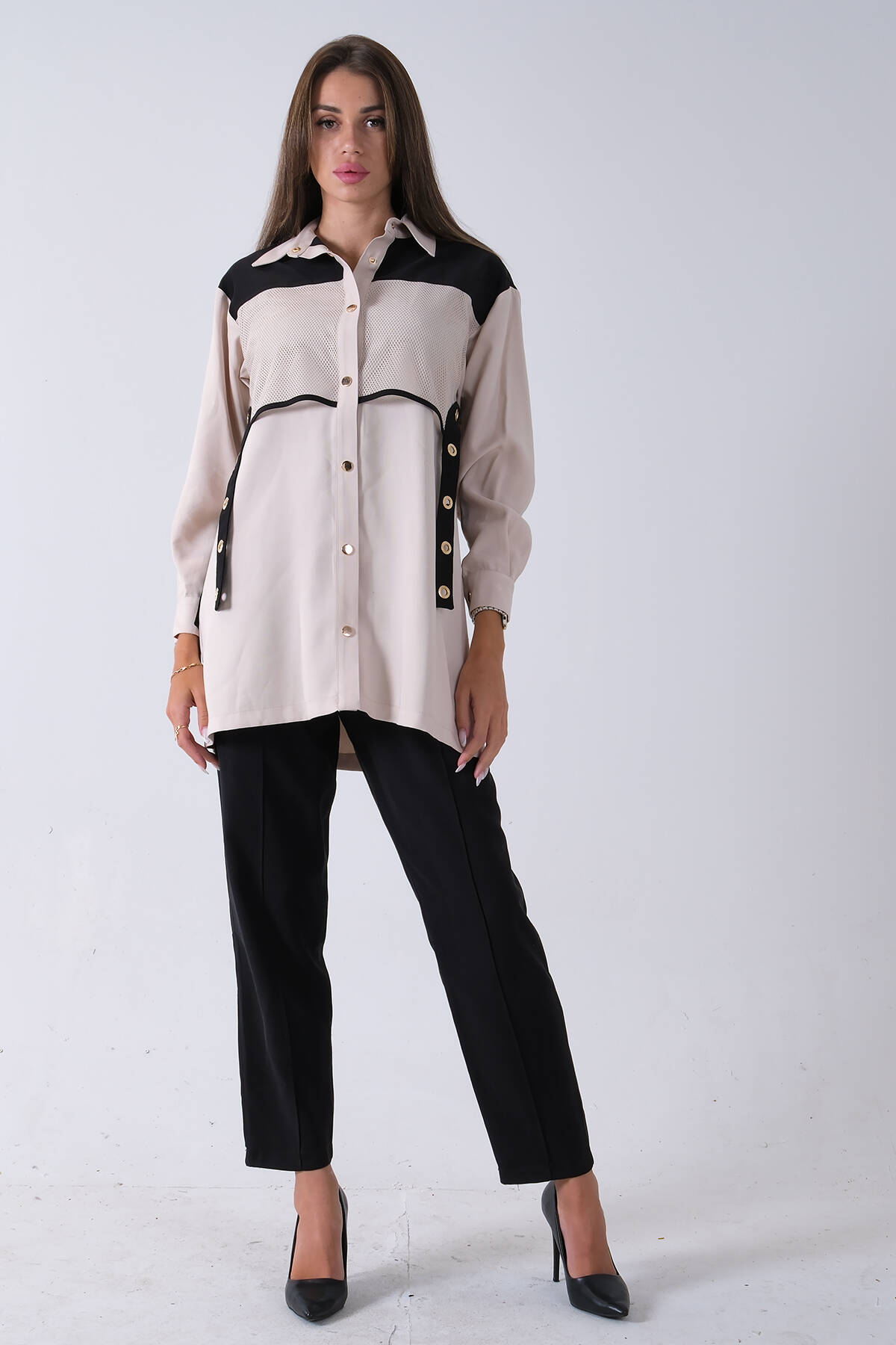 Siyah Önü File Detaylı Çift Renk Tunik Pantolonlu Takım 4701409.01 - Ardanewline