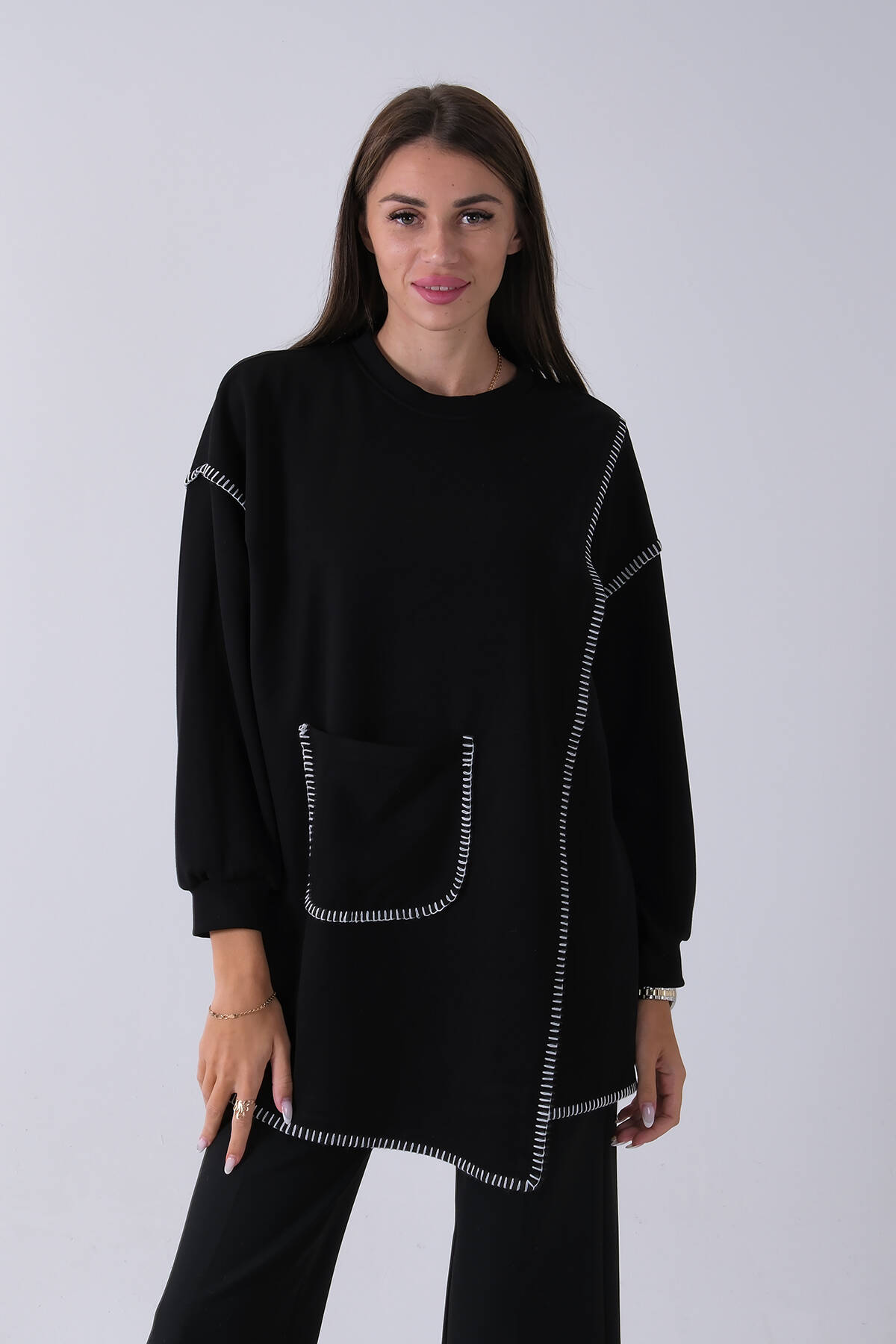 Siyah Önü Kanguru Cep Detaylı Çizgi Dikişli Bisiklet Yaka Tunik 940170263.01 - Ardanewline