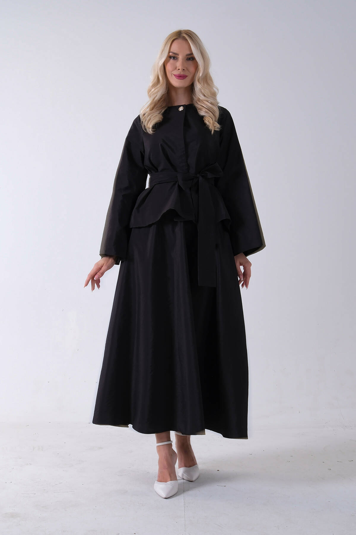 Siyah Önü Tek Düğmeli Kuşaklı Etek Ceket 31040701.01 - Ardanewline