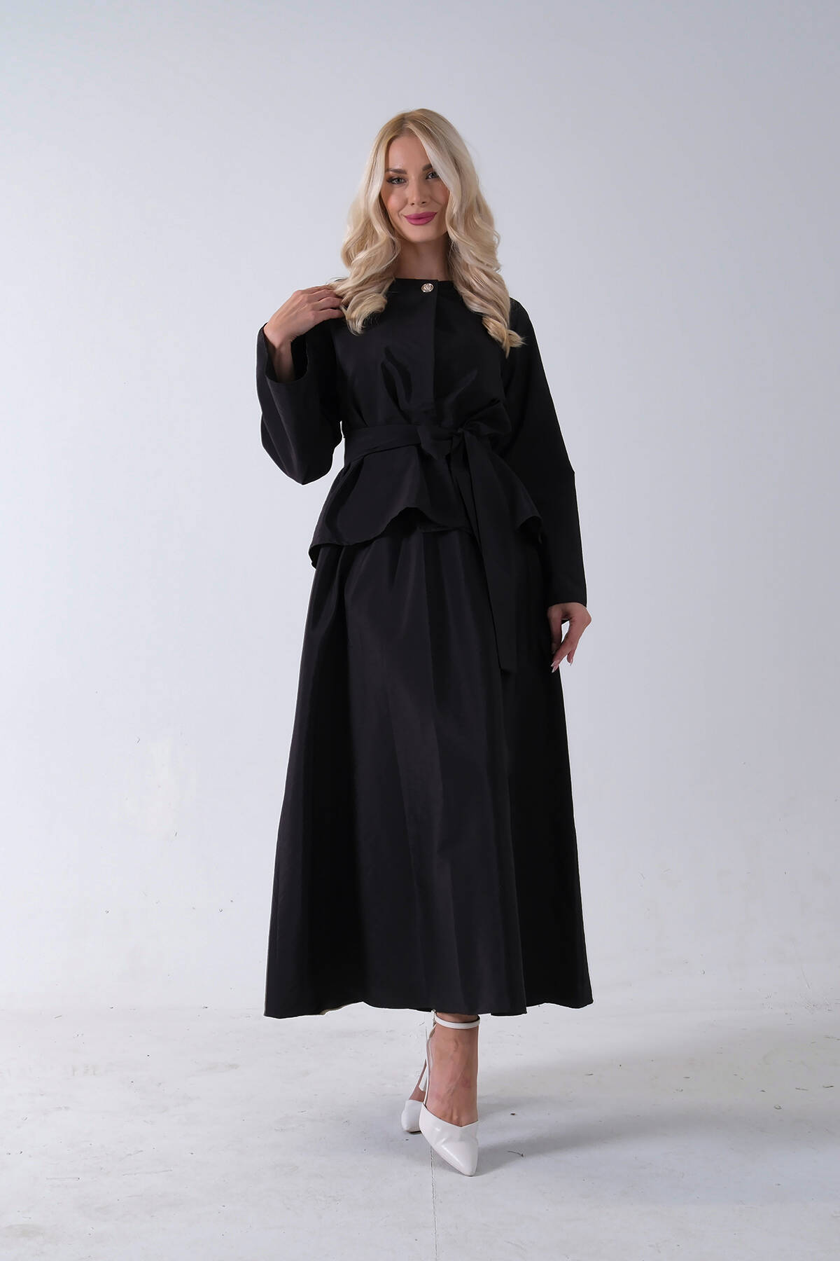 Siyah Önü Tek Düğmeli Kuşaklı Etek Ceket 31040701.01 - Ardanewline (1)