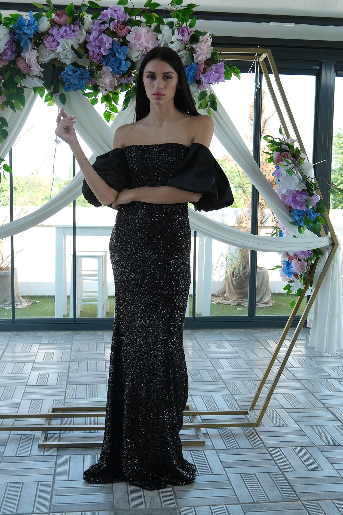 Siyah Pul Payetli Balon Kol Abiye 9705296.01 - Ardanewline