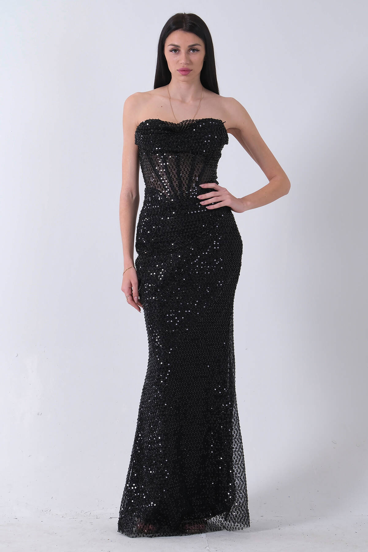 Siyah Pul Taş İşlemeli Straplez Balık Abiye 9705304.01 - Ardanewline