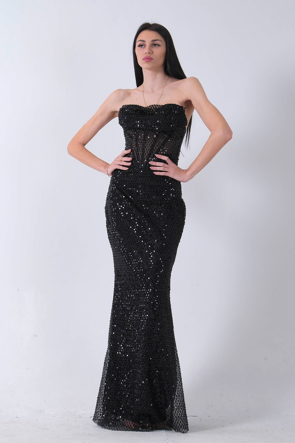 Siyah Pul Taş İşlemeli Straplez Balık Abiye 9705304.01 - Ardanewline (1)