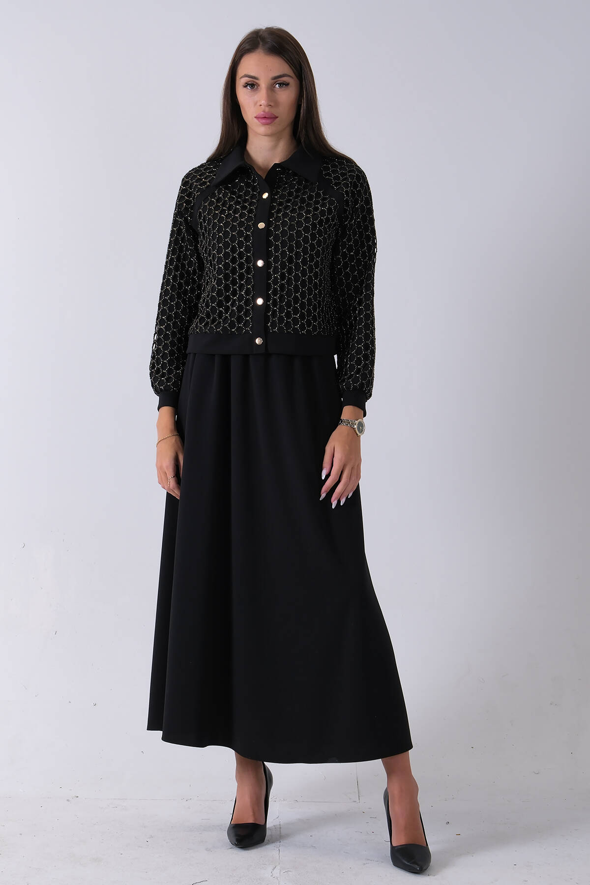 Siyah Sarı Petek Motifli Etekli Takım 4577253.01 - Ardanewline