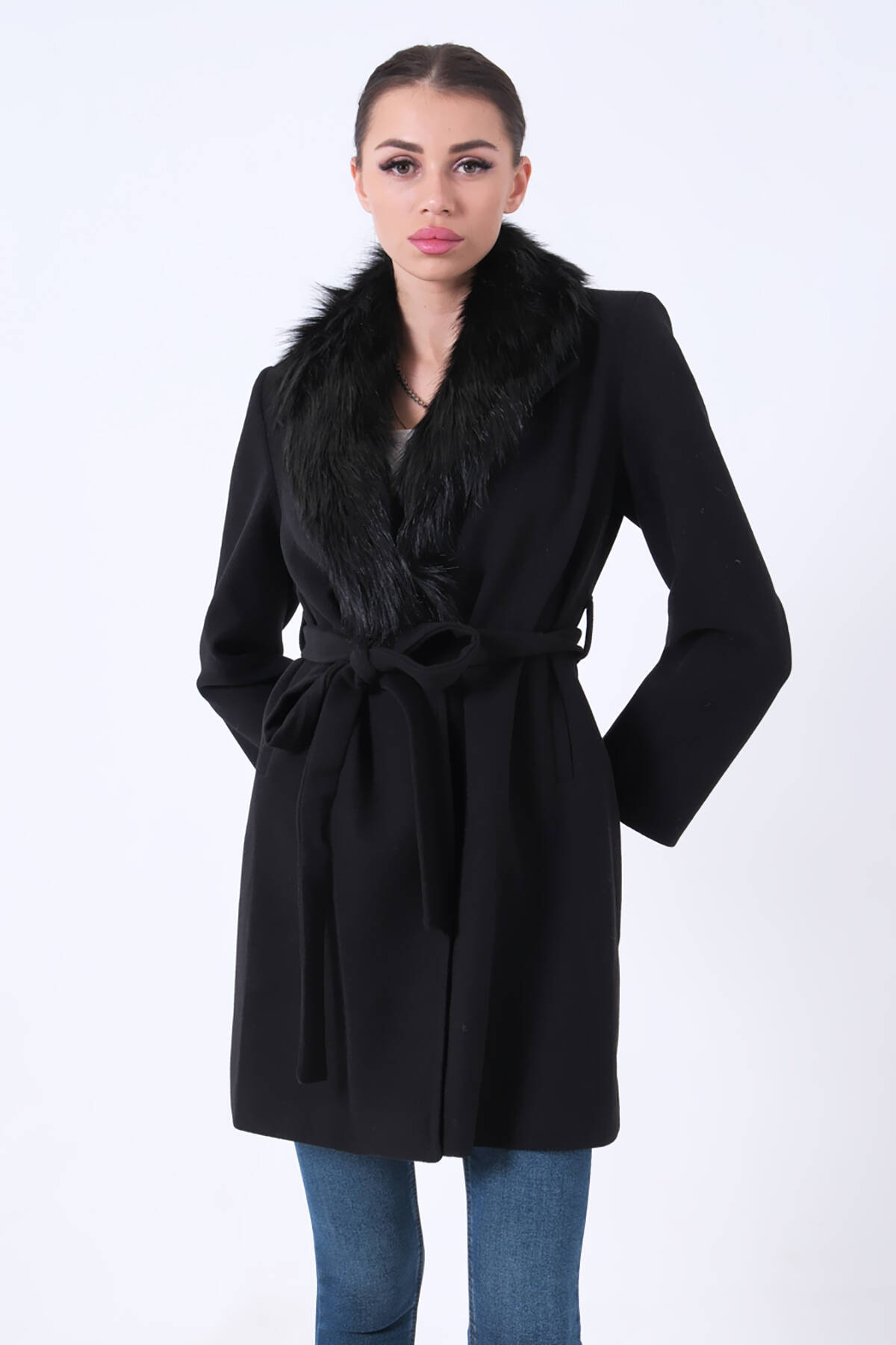 Siyah Seyyar Kürklü Çift Cepli Kaşe Kaban 0108080.01 - Ardanewline