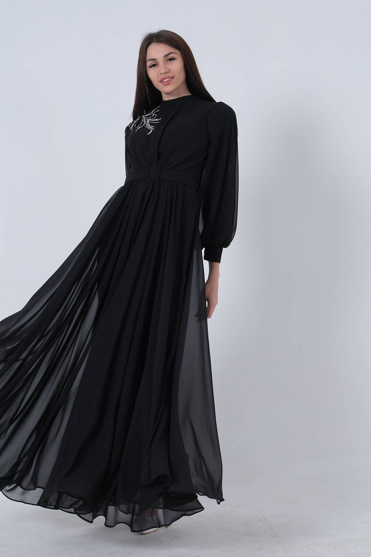Siyah Şifon Vintage Tesettür Abiye 9705249.01 - Ardanewline