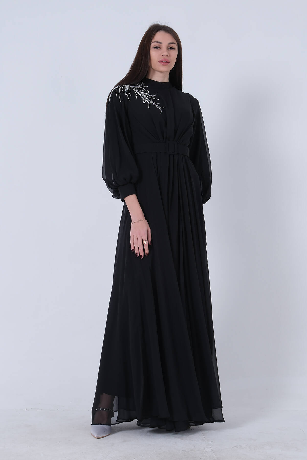 Siyah Şifon Vintage Tesettür Abiye 9705249.01 - Ardanewline (1)