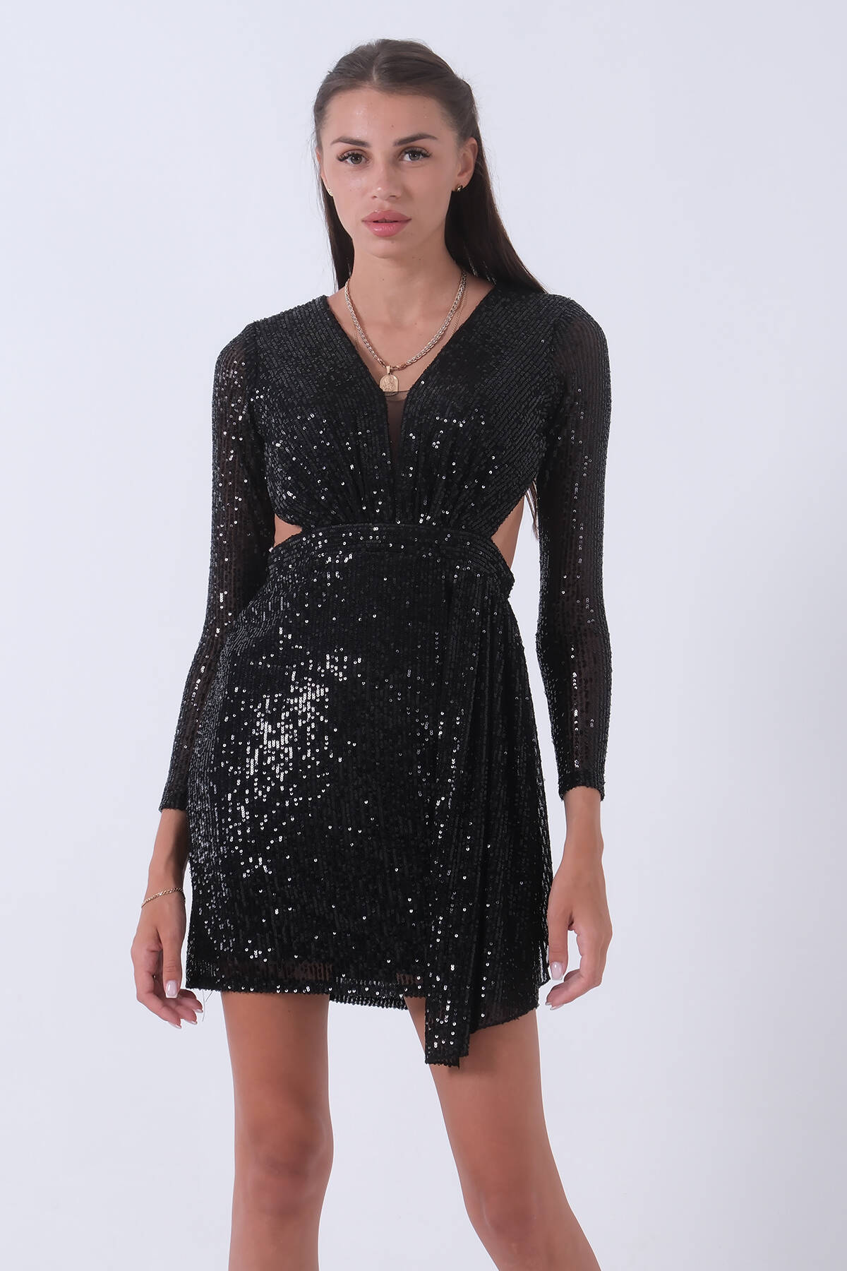 Siyah Sırt Dekolteli Midi Kısa Boy Pul Payet Abiye Elbise 1105228.01 - Ardanewline (1)