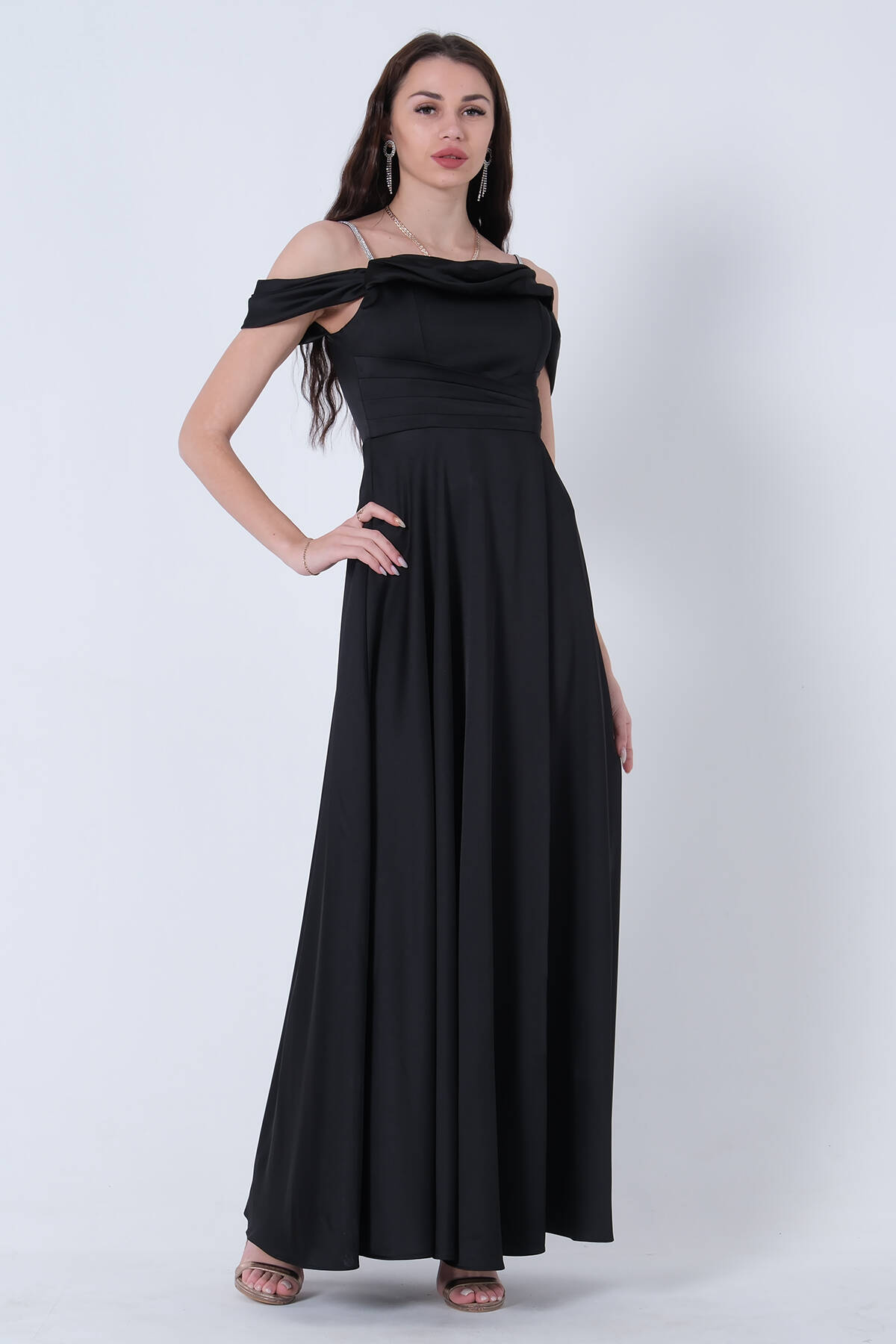 Siyah Taş Askılı Düşük Kol Saten Abiye 0806118.01 - Ardanewline (1)