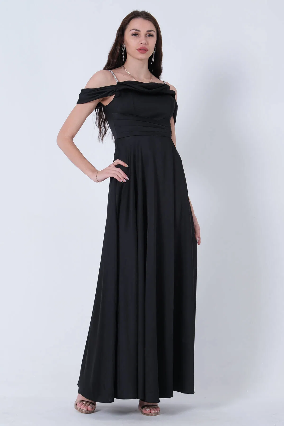 Siyah Taş Askılı Düşük Kol Saten Abiye 0806118.01 - Ardanewline (1)