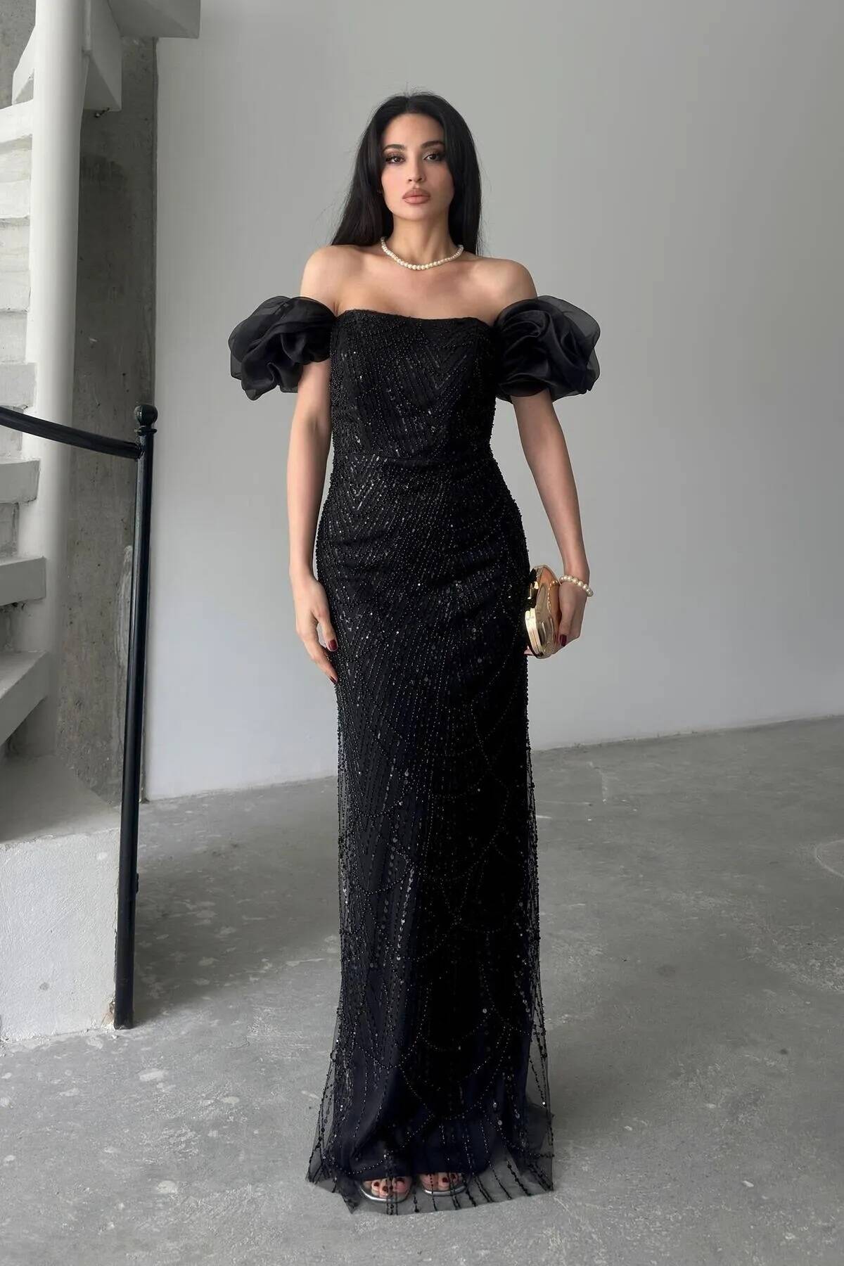 Siyah Taş İşlemeli Balon Kol Abiye 0801053.01 - Ardanewline