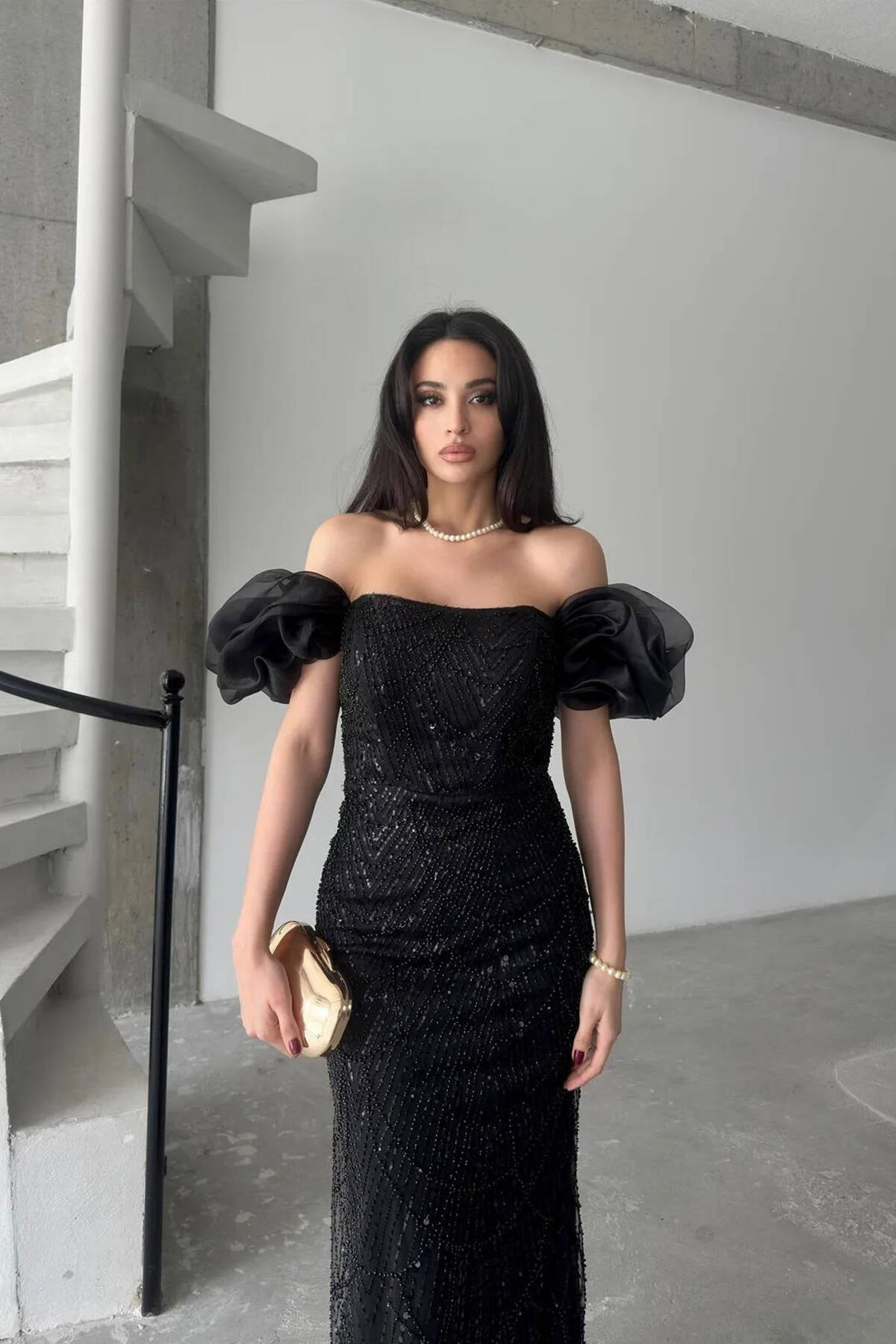 Siyah Taş İşlemeli Balon Kol Abiye 0801053.01 - Ardanewline (1)