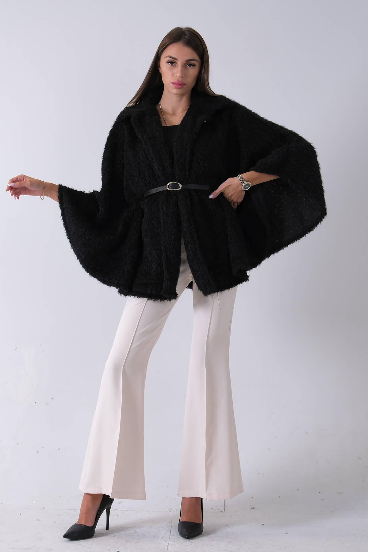 Siyah Tek Düğme Kapamalı Kemerli Yün Peluş Ceket 940140183.01 - Ardanewline