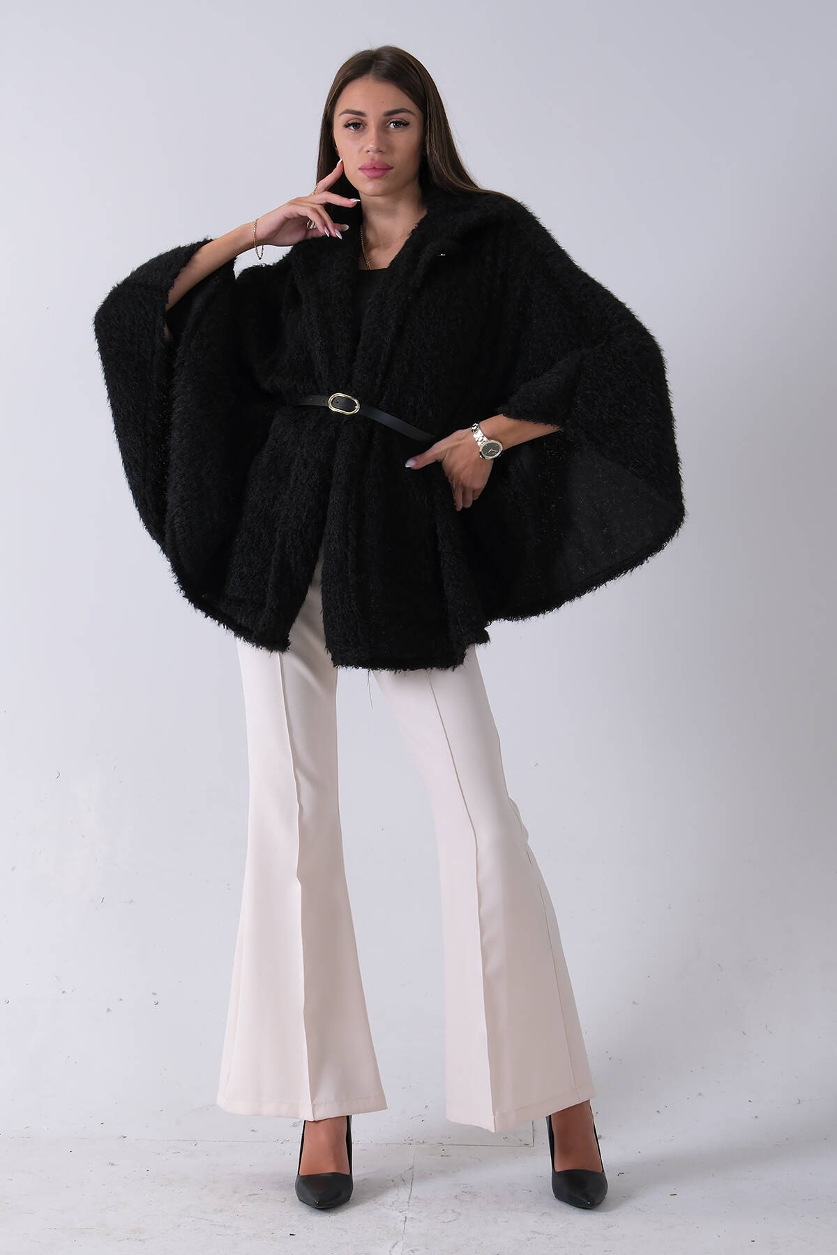 Siyah Tek Düğme Kapamalı Kemerli Yün Peluş Ceket 940140183.01 - Ardanewline (1)