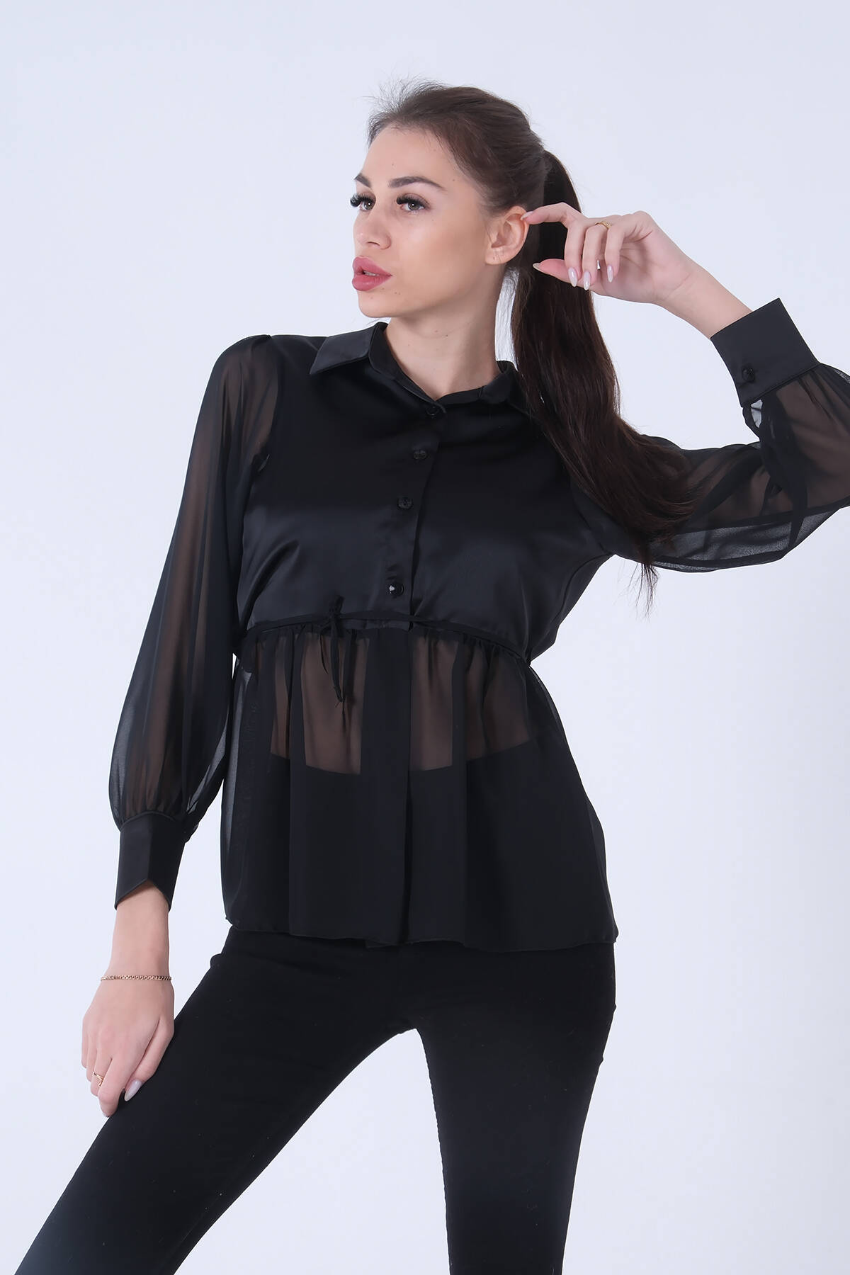 Siyah Transparan Kol Detaylı Bluz 3972459.01 - Ardanewline