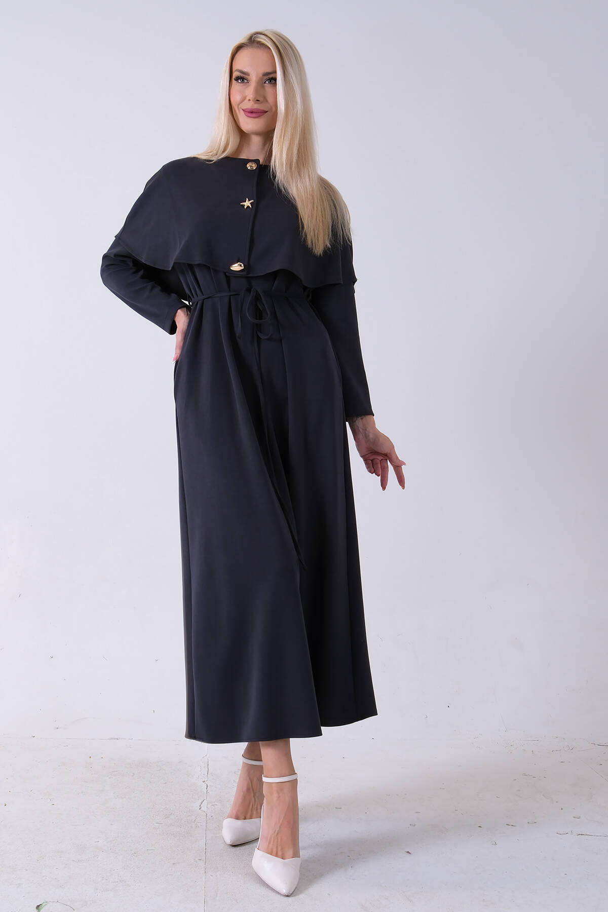 Siyah Üzeri Kendinden Şallı Kemer Bağlamalı Tesettür Elbise 4571581.01 - Ardanewline (1)