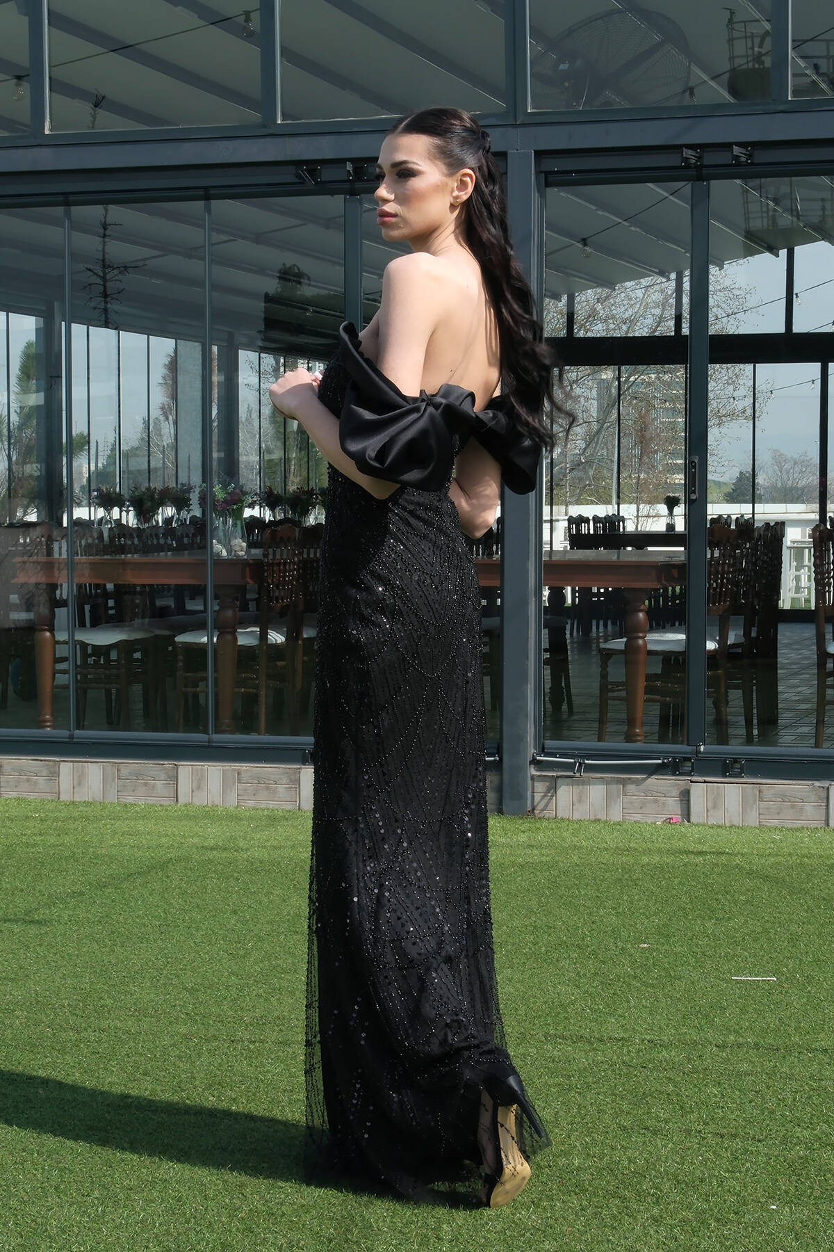 Siyah Üzeri Taş Boncuk İşlemeli Balon Kol Abiye 9705417.01 - Ardanewline (1)