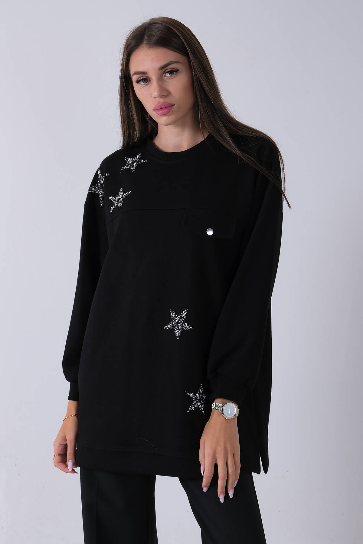 Siyah Üzeri Yıldız Desenli Taş İşlemeli Cep Görünümülü Tunik 940170258.01 - Ardanewline
